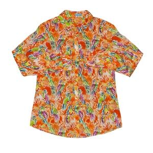 J McLaughlin Orange Watercolor Toucan Bird Print Cotton Button Down Blouse Small